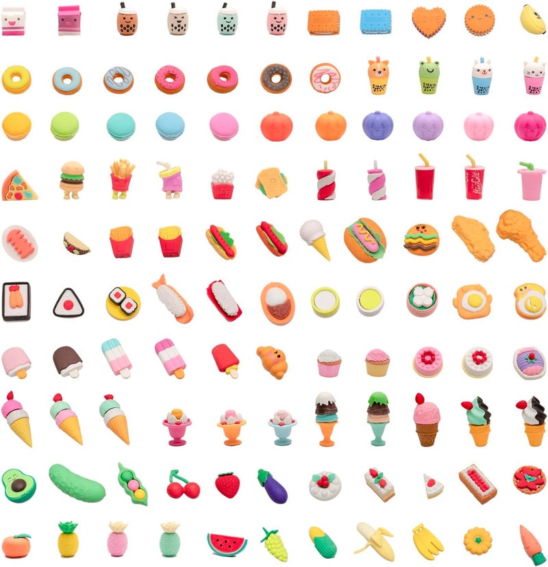 Clock King 110Pcs 3D Food Erasers for Kids, All are Food Styles, Random Desktop Pets Toys Gifts, Mini Puzzle Classroom Rewards, Kids Party Favors Back to School Supplies - Image 1